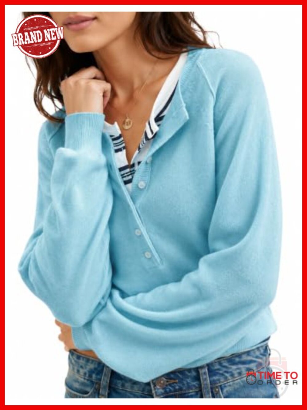 Wool Crop Sweater Henley Button Long Sleeve Lightweight Pullover